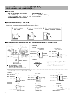 Page 2020
Vandal-resistant video door station (IS-DV, IS-DVF), 
Vandal-resistant audio door station (IS-SS)
■ Accessories
~Screw (for wall-mounting) × 4 (IS-DV only)
~Special screwdriver × 1
~Anchor × 4 (IS-DV only)
~Back box × 1 (IS-DVF and IS-SS only)
~Transparent name plate × 2 (IS-DV and IS-DVF only)
~China RoHS paper × 1
~Special screw × 4 (IS-DVF and IS-SS only)
■ Mounting locations (IS-DV and IS-DVF)
Do not install this unit in any of the following locations where lighting or the ambient...