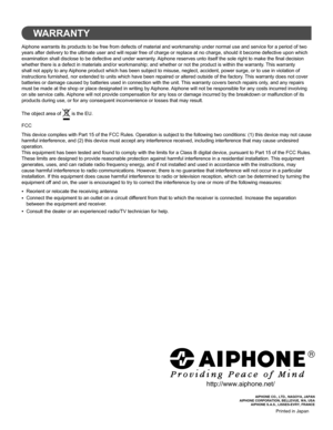 Page 28AIPHONE CO., LTD., NAGOYA, JAPAN
AIPHONE CORPORATION, BELLEVUE, WA, USA
AIPHONE S.A.S., LISSES-EVRY, FRANCE
http://www.aiphone.net/
WARRANTY
Aiphone warrants its products to be free from defects of material and workmanship under normal use and service for a period of two 
years after delivery to the ultimate user and will repair free of charge or replace at no charge, should it become defective upon which 
examination shall disclose to be defective and under warranty. Aiphone reserves unto itself the...