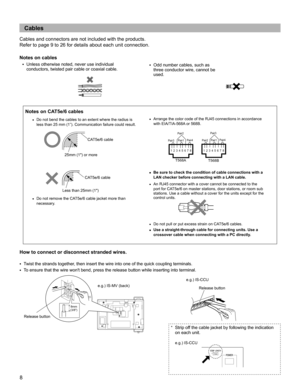 Page 88
Cables
Cables and connectors are not included with the products.
Refer to page 9 to 26 for details about each unit connection.
Notes on cables
 
Pair4
Pair3
12345678 12345678
Pair2
Pair1
T568A
Pair4
Pair2Pair3
Pair1
T568B
How to connect or disconnect stranded wires.
8mm(3/8")
Notes on CAT5e/6 cables
Do not bend the cables to an extent where the radius is • less than 25 mm (1”). Communication failure could result.
Do not remove the CAT5e/6 cable jacket more than 
• necessary.
Odd number cables, such...