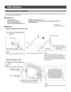 Page 99
UNIT DETAILS 
Control unit common information
The information on this page is common to Central control unit (IS-CCU), Add-on control unit (IS-SCU), Room sub control unit (IS-* 
RCU) and IP control unit (IS-IPC).
■ Accessories
~Mounting bracket × 2
~Installation manual (a booklet)*1 × 1
~Screw (for wall-mounting) × 4
~CD-ROM (Installation manual, Setting manual and Operation manual)*2 × 1
~Screw (for rack-mounting) × 4
~China RoHS paper × 1
~Screw (for ﬁ xing mounting bracket) × 6
■ Mounting...