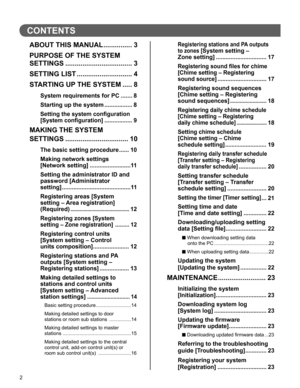 Page 22
CONTENTS
ABOUT THIS MANUAL ............... 3
PURPOSE OF THE SYSTEM 
SETTINGS ................................... 3
SETTING LIST ............................. 4
STARTING UP THE SYSTEM ..... 8
System requirements for PC ....... 8
Starting up the system ................. 8
Setting the system conﬁ guration 
[System conﬁ guration]
 ................. 9
MAKING THE SYSTEM 
SETTINGS ................................. 10
The basic setting procedure ...... 10
Making network settings 
[Network setting]...