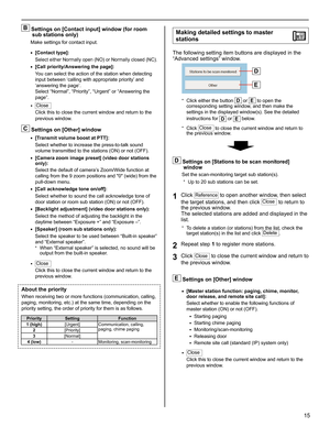 Page 1515
GETTING STARTED USING THE SYSTEM APPENDIX
SETTING THE SYSTEM
B Settings on [Contact input] window (for room 
sub stations only)
Make settings for contact input.
[Contact type]:
• 
Select either Normally open (NO) or Normally closed (NC).
[Call priority/Answering the page]:• 
You can select the action of the station when detecting 
input between ‘calling with appropriate priority’ and 
‘answering the page’.
Select “Normal”, “Priority”, “Urgent” or “Answering the 
page”.
Close
• 
Click this to close the...