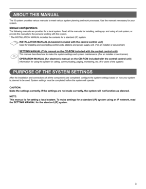 Page 33
GETTING STARTED USING THE SYSTEM APPENDIX
SETTING THE SYSTEM
ABOUT THIS MANUAL
The IS system provides various manuals to meet various system planning and work processes. Use the manuals necessary for your 
system.
Manual conﬁ gurations
The following manuals are provided for a local system. Read all the manuals for installing, setting up, and using a local system, or 
provide the manuals to the persons working with the system.
* The INSTALLATION MANUAL includes the contents for a standard (IP) system....