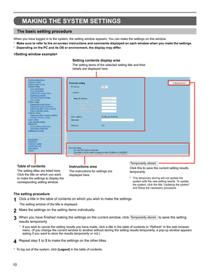 Page 1010
MAKING THE SYSTEM SETTINGS
The basic setting procedure
When you have logged in to the system, the setting window appears. You can make the settings on this window.
Make sure to refer to the on-screen instructions and comments displayed on each window when you make the settings.
* 
Depending on the PC and its OS or environment, the display may differ.* 

The setting procedure
Click a title in the table of contents on which you wish to make the settings.
1 
The setting window of the title is displayed....