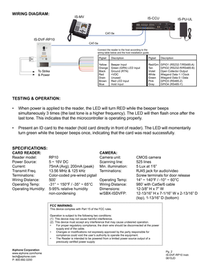 Page 2Pg. 2
IS-DVF-RP10 Instr.
0615JD
Aiphone Corporation
www.aiphone.com/home
tech@aiphone.com
P: 800.692.0200
WIRING DIAGRAM:
IS-DVF-RP10 IS-CCU
IS-MV
Pigtail Discription
Yellow 
Beeper Input
Orange  Green (GRN) LED Input
Black  Ground (RTN)
Red +VDC
Drain Unused
Brown  Red LED Input
Blue  Hold Input          
Connect the reader to the host according to the 
wiring table below and the host installation guide.
IS-PU-UL
TESTING & OPERATION:
• When power is applied to the reader, the LED will turn RED while the...