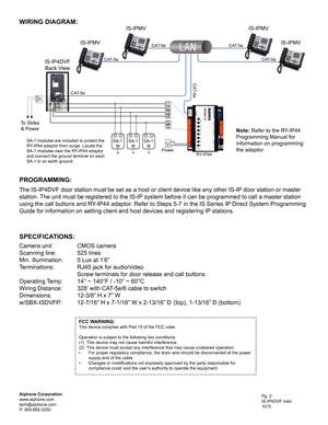Page 2Pg. 2
IS-IP4DVF Instr.
1015
Aiphone Corporation
www.aiphone.com
tech@aiphone.com
P: 800.692.0200
WIRING DIAGRAM:
IS-IP4DVF
Back View IS-IPMV
PROGRAMMING:
The IS-IP4DVF door station must be set as a host or client device like a\
ny other IS-IP door station or master 
station. The unit must be registered to the IS-IP system before it can be programmed to call a master station 
using the call buttons and RY-IP44 adaptor. Refer to Steps 5-7 in the IS Series IP Direct System Programming 
Guide for information...