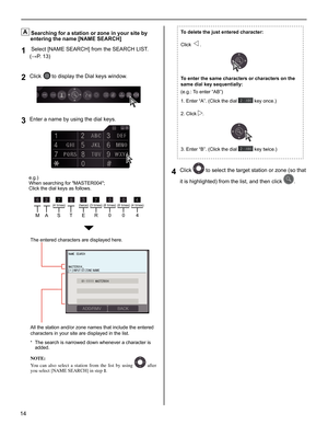 Page 1414
A Searching for a station or zone in your site by 
entering the name [NAME SEARCH]
 Select [NAME SEARCH] from the SEARCH LIST. 
1 (→P. 13)
Click 
2 to display the Dial keys window.
Enter a name by using the dial keys.3 
 e.g.) 
When searching for MASTER004; 
Click the dial keys as follows.
M00
AS4
TER
(4 times) (3 times) (8 times) (8 times) (4 times)(twice)
The entered characters are displayed here.
All the station and/or zone names that include the entered 
characters in your site are displayed in...