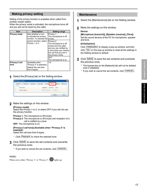 Page 1717
GETTING STARTED
SETTING THE PC MASTER STATION
Making privacy setting
Setting of the privacy function is available when called from 
another master station. 
When the privacy mode is activated, the microphone turns off 
and you will not be heard by the caller.
Item Description Setting range
Privacy modeSets whether or not 
to activate the privacy 
function. To activate the 
privacy function, select 
Privacy 1 or 2.Privacy 1: 
The microphone is off 
(mute).
Privacy 2: 
The microphone is off 
(mute) and...