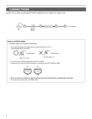 Page 44
CONNECTIONS
Connect a PC on which you will install the IS-SOFT application to an IP network via a switch or hub. 
CAT5e/6
100m (330) RJ45RJ45
RJ45 RJ45
Pair4
Pair3
12345678 12345678
Pair2
Pair1
T568A
Pair4
Pair2Pair3
Pair1
T568B
Notes on CAT5e/6 cables
Do not bend the cables to an extent where the radius is less than 25 mm (1”).• Communication failure could result.
Do not remove the CAT5e/6 cable jacket more than necessary.
• 
Arrange the color code of the RJ45 connections in accordance with...