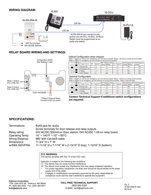 Page 2Pg. 2
IS-SS-2RA-R Instr.
0413JD
Aiphone Corporation
1700 130th AVE NE * Bellevue, WA 98005
Ph: (800) 692-0200 * Fax: (425) 455-0071
tech@aiphone.com
WIRING DIAGRAM:
IS-SS-2RA-R
IS-CCU
IS-MV
IS-PU-UL
N/O Dry Contact 
24V AC/DC  500mA
CAT-5e
CAT-5e
NO
COM
NC
FCC WARNING:This device complies with Part 15 of the FCC rules.
Operation is subject to the following two conditions:
(1)  This device may not cause harmful interference.
(2)  This device must accept any interference that may cause undesired operat\...