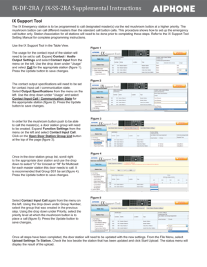 Page 2IX-DF-2RA / IX-SS-2RA Supplemental Instructions
IX Support Tool
8VHWKH,;6XSSRUW7RROLQWKH7DEOH9LHZ

QHHGWREHVHWWRFDOO([SDQGContact / Audio 
Output Settings and select Contact InputIURPWKH
PHQXRQWKHOHIW8VHWKHGURSGRZQXQGHU³8VDJH´
and select CallIRUWKHDSSURSULDWHVWDWLRQ¿JXUH
3UHVVWKH8SGDWHEXWWRQWRVDYHFKDQJHVFigure 1
Figure 2
PDVWHUVYLDWKHUHGPXVKURRPEXWWRQDWDKLJKHUSULRULW\7KH...