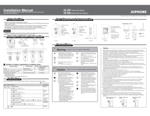 Page 1  • Read this manual before installation and connection.
Read the Setting Manual and Operation Manual included on the DVD-ROM that comes with the 
Master Station (IX-MV).
  •DIWHUFRPSOHWLQJWKHLQVWDOODWLRQ
DQGFRQQHFWLRQ7KHV\VWHPZLOOQRWIXQFWLRQXQOHVVLWKDVEHHQSURSHUO\FRQ¿JXUHG
  • After installation, explain to the customer how to use the device, and be sure to provide the 
Important• Perform the installation and connection only after fully understanding this device and the...