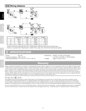 Page 4- 4 -
English
Français
Español
Nederlands
Italiano
4-3Wiring distance
JK-1MD
JK-D A
JK-D
A
JK-DV
JK-D VF
JK-D
V
JK-D VF
PS18
PS18
JK-1MED
JK-1MDJKW-BA
A
B
CD
D
JKW
-BA JK-1MED
JK-1HD
A B
CJK-1SD
Ø 0.65 mm 22 AWG Ø 1.0 mm 18 AWG
A 100 m 330'200 m 650'
B 50 m 165'100 m 330'
C 50 m 165'100 m 330'
D 5 m16'10 m 33'
Connect each of the connecting units with a wiring distance within the v alues listed in the table above.
If units are connected with wiring distances outside of...