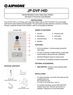 Page 1JP-DVF-HID
Vandal Resistant Color Video Door Stationwith Built in Proximity Card Reader
-INSTRUCTIONS-
The JP-DVF-HID is a JP Series color video door station with an HID
® ProxPoint® Plus card reader 
built into the same stainless steel faceplate. The card reader provides electronic access to a building 
through a separate Access Control System, which is not supplied by Aiphone.
NAMES & FUNCTIONS: 
1.  Camera      5.  Directory card 
2.  Microphone    6.  Call button 
3.  LED illuminator    7.  Prox...