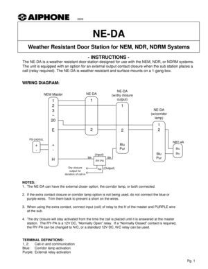 Page 1+
-
- INSTRUCTIONS -
The NE-DA is a weather resistant door station designed for use with the NEM, NDR, or NDRM systems.  
The unit is equipped with an option for an external output contact closure when the sub station places a 
call (relay required). The NE-DA is weather resistant and surface mounts on a 1-gang box.
WIRING DIAGRAM:
NE-DA
Weather Resistant Door Station for NEM, NDR, NDRM Systems
1
2
3
~
20
E
+
-
H
1
2
NEM MasterNE-DANE-DA
(w/dry closure 
output)
PS-2420UL
NE-DA
(w/corridor 
lamp)
NOTES:...