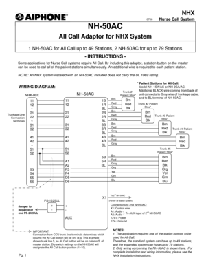 Page 1Brn
Red
Gray
Brn
Red
Gray
-INSTRUCTIONS -
WIRING DIAGRAM:
All Call Adaptor for NHX System
1 NH-50AC for All Call up to 49 Stations, 2 NH-50AC for up to 79 Stations
NHX-80X
11
12
~
21
22
~
31
32
~
41
42
~
51
52
53
54
55
56
NOTES:
1. The application requires one of the station buttons to be 
used for All Call.  
Therefore, the standard system can have up to 49 stations, 
and the expanded system can have up to 79 stations.
2. Only wiring concerning the NH-50AC is shown here.  For 
complete installation and...