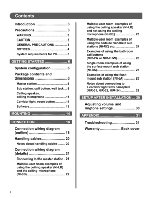 Page 22
Contents
Introduction ................................ 3
Precautions ................................. 3
WARNING ........................................... 3
CAUTION ............................................ 3
GENERAL PRECAUTIONS ............... 3
NOTICES ............................................ 4
System requirements for PC ............ 5
GETTING STARTED ....................... 6
System conﬁ guration ................ 6
Package contents and 
dimensions ................................. 8
Master...