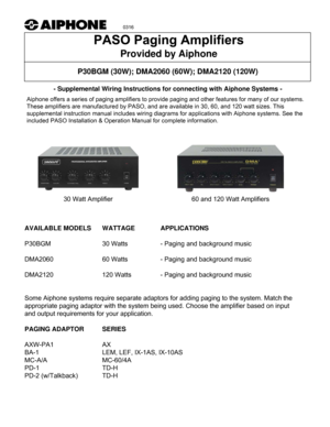 Page 1P30BGM (30W); DMA2060 (60W); DMA2120 (120W)
Provided by Aiphone
- Supplemental Wiring Instructions for connecting with Aiphone Systems -
0316
Aiphone offers a series of paging amplifiers to provide paging and other features for many of our systems. 
These amplifiers are manufactured by PASO, and are available in 30, 60, and 120 watt sizes. This 
supplemental instruction manual includes wiring diagrams for applications with Aiphone systems. See the 
included PASO Installation & Operation Manual for...