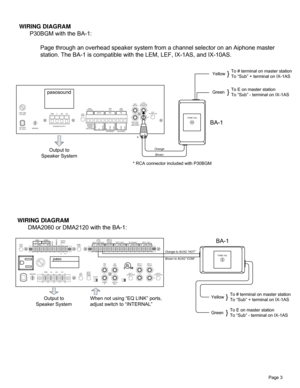 Page 3MIC TEL
BALANCED BALANCED
COM
HOT
AUX
ATTENUATOR AUX
47KΩ 200mv
IN PARALLELCOM 8 25V 70V
GROUND LINE FUSE
1.6A 250V
UNMUTE
600Ω
LINE OUT
120V 60Hz
AC 100VA
pasosound
SPEAKER OUTPUT
MOH 
LEVEL
MOH 
10KΩ/600Ω
10KΩ/600Ω
INTERNAL 
JUMPER 
SWITCHABLEMUTE
MUTEG
250Ω 
1mV600Ω 
100mV
G
G
COM
HOT
50KΩ 100mV
TEL PAGE
UNBALANCEDL
R
Page 3 Yellow
TONE VOL
BA-1 
Output to 
Speaker System
WIRING DIAGRAM
P30BGM with the BA-1:
Page through an overhead speaker system from a channel selector on an Aiphone master 
station....