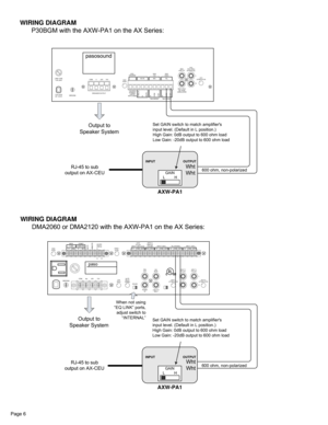 Page 6MIC TEL
BALANCED BALANCED
COM
HOT
AUX
ATTENUATOR AUX
47KΩ 200mv
IN PARALLELCOM 8 25V 70V
GROUND LINE FUSE
1.6A 250V
UNMUTE
600Ω
LINE OUT
120V 60Hz
AC 100VA
pasosound
SPEAKER OUTPUT
MOH 
LEVEL
MOH 
10KΩ/600Ω
10KΩ/600Ω
INTERNAL 
JUMPER 
SWITCHABLEMUTE
MUTEG
250Ω 
1mV600Ω 
100mV
G
G
COM
HOT
50KΩ 100mV
TEL PAGE
UNBALANCEDL
R
Page 6
WIRING DIAGRAM
P30BGM with the AXW-PA1 on the AX Series:
WIRING DIAGRAM
DMA2060 or DMA2120 with the AXW-PA1 on the AX Series:
MOH 
LEVEL
GROUNDCOM 825V 70V
paso
1 volt
6000MOH
2...