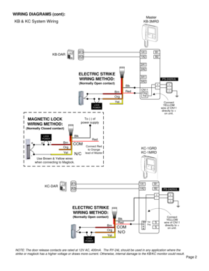 Page 2Page 2
WIRING DIAGRAMS (cont):
KB & KC System Wiring
1A1
1A2
Master
KB-3MRD
B1
B2
2A1
2A2
3A1
3A2
CN11
Org
Yel
+-
PS-2420UL
+-
A2KB-DARA1
LOCK 
POWER
Red
Blk
Brn
Org
Yel
ELECTRIC STRIKE 
WIRING METHOD:
(Normally Open contact)
Connect 
YELLOW 
wire of CN11 
directly to + 
on unit.
RedBlk
Brn
Org
Yel
COM
N/C MAGNETIC LOCK 
WIRING METHOD:
(Normally Closed contact)
Use Brown & Yellow wires 
when connecting to Maglock.
LOCK 
POWER
To (-) of 
power supply
Connect Red 
to Orange 
lead of Master+-
+
-
LOCK...