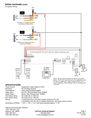 Page 3Aiphone Communication Systems
1700 130th Ave. N.E.
Bellevue, WA  98005
(425) 455-0510
FAX (425) 455-0071Toll Free Technical Support:
1-800-692-0200
E-mail tech@aiphone.comPage 3
RY-24L Instr.
1214JD
SPECIFICATIONS:
Power Source: Supplied by master station or CEU
Mounting: No mounting required
Terminations: Color-coded prewired pigtails
Relay Input: 24V DC, Red and Black wires, 22AWG
Relay Output:  Brown, Red, Orange wires, 18AWG
N/O Output rating: 5A at 30V DC or 125V AC
N/C Ouptut rating:  3A at 30V DC...