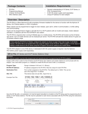 Page 2• RY-IP44
• Programming Manual
•  6 Screw Terminal Blocks
• MAC Address Label
Overview / Description
2 | RY-IP44 Programming Manual
Package Contents
7KH5