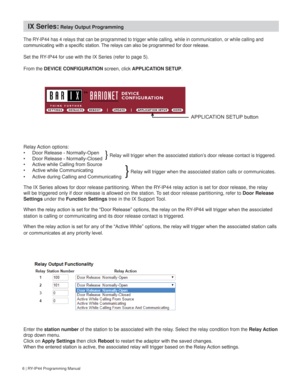 Page 66 | RY-IP44 Programming Manual
The RY-IP44 has 4 relays that can be programmed to trigger while calling, while in communication, or while calling and 
FRPPXQLFDWLQJZLWKDVSHFL