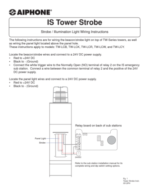 Page 1IS Tower Strobe
Strobe / Illumination Light Wiring Instructions
The following instructions are for wiring the beacon/strobe light on top of TW-Series towers, as well 
as wiring the panel light located above the panel hole. 
These instructions apply to models: TW-LCB, TW-LCK, TW-LCR, TW-LCW, and TW-LCY.
Locate the beacon/strobe wires and connect to a 24V DC power supply.
•  Red to +24V DC
•  Black to - (Ground)
•  Connect the white trigger wire to the Normally Open (NO) terminal of relay 2 on the IS...