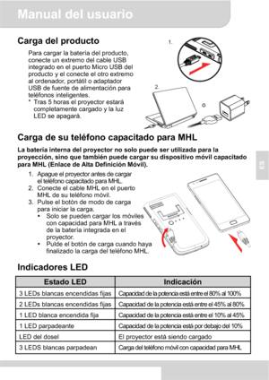 Page 39Manual del usuario 
2
ES
Carga del producto 
Para cargar la batería del producto, 
conecte un extremo del cable USB 
integrado en el puerto Micro USB del 
producto y el conecte el otro extremo 
al ordenador, portátil o adaptador 
USB de fuente de alimentación para 
teléfonos inteligentes. 
*  Tras 5 horas el proyector estará 
completamente cargado y la luz 
LED se apagará. 
Carga de su teléfono capacitado para MHL 
La batería interna del proyector no solo puede ser utilizada para la 
proyección, sino que...