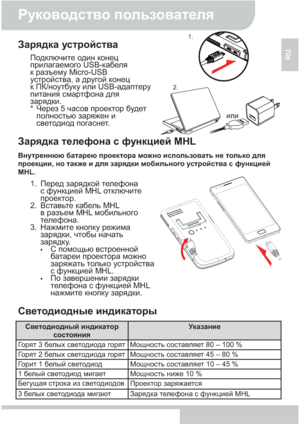 Page 73Руководство пользователя 
2 
RU 
Зарядка устройства 
Подключите один конец 
прилагаемого USB-кабеля   
к разъему Micro-USB 
устройства, а другой конец  
к ПК/ноутбуку или USB-адаптеру 
питания смартфона для 
зарядки. 
*  Через 5 часов проектор будет 
полностью заряжен и 
светодиод погаснет. 
 
Зарядка телефона с функцией MHL 
Внутреннюю батарею проектора можно использовать не только для 
проекции, но также и для зарядки мобильного устройства с функцией 
MHL. 
1. Перед зарядкой телефона  
с функцией MHL...