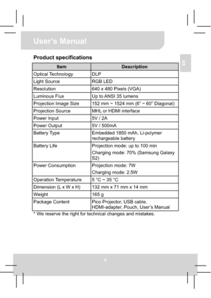 Page 12User’s Manual 
6
EN
Product specifications 
Item Description 
Optical Technology  DLP 
Light Source  RGB LED 
Resolution  640 x 480 Pixels (VGA) 
Luminous Flux  Up to ANSI 35 lumens 
Projection Image Size  152 mm ~ 1524 mm (6” ~ 60” Diagonal) 
Projection Source  MHL or HDMI interface 
Power Input  5V / 2A 
Power Output  5V / 500mA 
Battery Type  Embedded 1850 mAh, Li-polymer 
rechargeable battery 
Battery Life  Projection mode: up to 100 min 
Charging mode: 70% (Samsung Galaxy 
S2) 
Power Consumption...