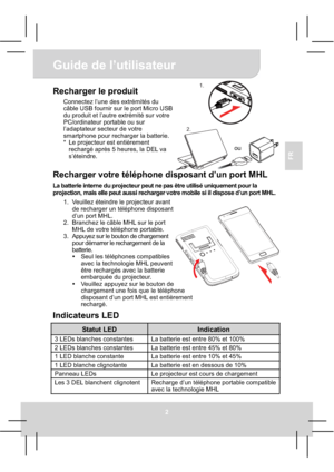 Page 24Guide de l’utilisateur 
2
FR
1.
2.
Recharger le produit 
Connectez l’une des extrémités du 
câble USB fournir sur le port Micro USB 
du produit et l’autre extrémité sur votre 
PC/ordinateur portable ou sur 
l’adaptateur secteur de votre 
smartphone pour recharger la batterie. 
*  Le projecteur est entièrement 
rechargé après 5 heures, la DEL va 
s’éteindre. 
Recharger votre téléphone disposant d’un port MHL 
La batterie interne du projecteur peut ne pas être utilisé uniquement pour la 
projection, mais...