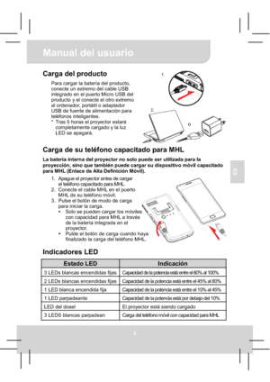 Page 40Manual del usuario 
2
ES
Carga del producto 
Para cargar la batería del producto, 
conecte un extremo del cable USB 
integrado en el puerto Micro USB del 
producto y el conecte el otro extremo 
al ordenador, portátil o adaptador 
USB de fuente de alimentación para 
teléfonos inteligentes. 
*  Tras 5 horas el proyector estará 
completamente cargado y la luz 
LED se apagará. 
Carga de su teléfono capacitado para MHL 
La batería interna del proyector no solo puede ser utilizada para la 
proyección, sino que...