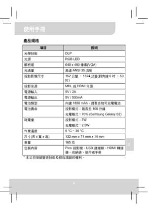 Page 76z¢K
6
TC
pã
?
ö¬óB
ÎðìÚ DLP 
Î› RGB LED 
LYY640 x 480Ë
¶(VGA) 
ÎýÔ =€ANSI 35ºB
ù‡‡ËÈ 152ô„ ~ 1524ô„(O#6ç ~ 60
ç)
ù‡~› MHLHDMIí	m
«›¯£ 5V / 2A
«›¯N 5V / 500mA 
«18. ñZ1850 mAh
«1ð¼ ù‡Á
6ÝM100÷˜
H«Á70% (Samsung Galaxy S2) 

É«Ô ù‡Á7W  
H«Á2.5W 
p~£Y5 °C ~ 35 °C 
È(Ýxvx=)  132 mm x 71 mm x 14 mm 
	gÔ 165z
SFñ	à Picoù‡ USBÿå#HDMI}å
â
½áz¢±K
*
Downloaded From...