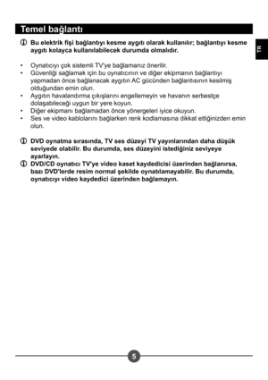 Page 2555
TR
Temel bağlantı
  Bu elektrik ﬁ i bağlantıyı kesme aygıtı olarak kullanılır; bağlantıyı kesme aygıtı kolayca kullanılabilecek durumda olmalıdır. 
Oynatıcıyı çok sistemli TV'ye bağlamanız önerilir. 
Güvenliği sağlamak için bu oynatıcının ve diğer ekipmanın bağlantıyı 
yapmadan önce bağlanacak aygıtın AC gücünden bağlantısının kesilmi# 
olduğundan emin olun. 
Aygıtın havalandırma çıkı#larını engellemeyin ve havanın serbestçe  
dola#abileceği uygun bir yere koyun.
Diğer ekipmanı bağlamadan önce...