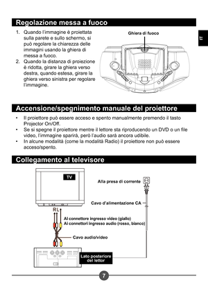 Page 677
IT
Quando l’immagine è proiettata  
sulla parete e sullo schermo, si 
può regolare la chiarezza delle 
immagini usando la ghiera di 
messa a fuoco.
Quando la distanza di proiezione 
è ridotta, girare la ghiera verso  
destra, quando estesa, girare la  
ghiera verso sinistra per regolare 
l’immagine.
1. 
2.
Regolazione messa a fuoco
Ghiera di fuoco
Il proiettore può essere acceso e spento manualmente premendo il tasto  
Projector On/Off.
Se si spegne il proiettore mentre il lettore sta riproducendo un...