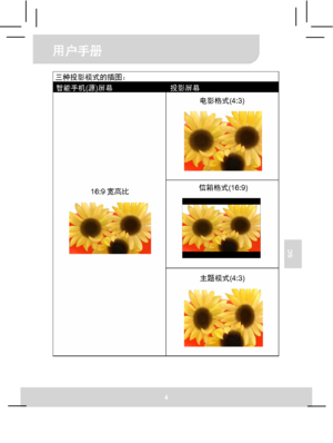 Page 52用户手册 
4 
SC 
 
三种投影模式的插图：
智能手机(源)屏幕 投影屏幕 
电影格式(4:3) 
信箱格式(16:9) 
16:9宽高比 
主题模式(4:3) 
Downloaded From projector-manual.com Aiptek Manuals 