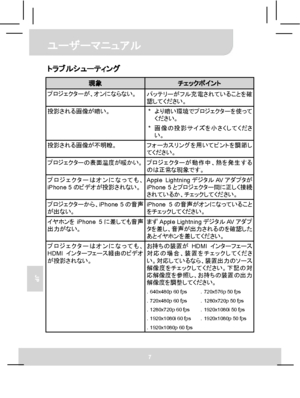 Page 69 ユーザーマニュアル 
7 
JP 
トラブルシューティング 
現象 チェックポイント プロジェクターが、オンにならない。 
バッテリーがフル充電されていることを確
認してください。 
投影される画像が暗い。 
* より暗い環境でプロジェクターを使って
ください。 
* 画像の投影サイズを小さくしてくださ
い。 
投影される画像が不明瞭。 
フォーカスリングを用いてピントを調節し
てください。 
プロジェクターの表面温度が暖かい。
プロジェクターが動作中、熱を発生する
のは正常な現象です。 
プロジェクターはオンになっても、
iPhone 5のビデオが投影されない。Apple LightningデジタルAVアダプタが
iPhone 5とプロジェクター間に正しく接続
されているか、チェックしてください。 
プロジェクターから、iPhone 5の音声
が出ない。 iPhone 5の音声がオンになっていること
をチェックしてください。 
イヤホンをiPhone 5に差しても音声
出力がない。 まずApple LightningデジタルAVアダプ
タを差し、音声が出力されるのを確認した...