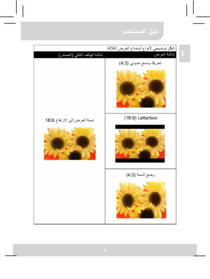 Page 80مدختسملا ليلد 
4 
AR 
 
ةثلاثلا ضرعلا عاضوأ عاونلأ يحيضوت لكش :  
 يكذلا فتاھلا ةشاش ) دصملا ر (  
 يئوض حسمو كيرحت (4:3)  
(16:9) Letterbox  
 عافترلاا ىلإ ضرعلا ةبسن 16:9  
 ةمسلا عضو (4:3)  ضرعلا ةشاش  
Downloaded From projector-manual.com Aiptek Manuals 