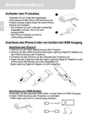 Page 15Benutzerhandbuch 
2 
DE 
Aufladen des Produktes Verbinden Sie ein Ende des beigelegten 
USB-Kabels mit dem Micro USB-Anschluss am 
Produkt und das andere Ende mit einem iPhone 
Netzteil zum Aufladen. 
*  Der Projektor ist nach 3 Stunden vollständig 
aufgeladen und das LED-Licht wird 
ausgeschaltet. 
*  Das iPhone 6 Netzteil ist nicht im 
Lieferumfang enthalten.
  Anschluss des iPhone 6 oder von Geräten mit HDMI-Ausgang 
Anschluss des iPhone 6 1. Nehmen Sie die HDMI-Abdeckung aus dem Projektor. 
2....