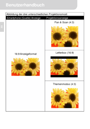 Page 17Benutzerhandbuch 
4 
DE 
 
Abbildung der drei unterschiedlichen Projektionsmodi: 
Smartphone (Quelle) Anzeige  Projektionsanzeige 
Pan & Scan (4:3) 
Letterbox (16:9) 
16:9 Anzeigeformat 
Themenmodus (4:3) 
Downloaded From projector-manual.com Aiptek Manuals 