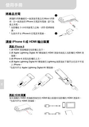Page 57使用手冊 
2 
TC 
將產品充電 
將隨附USB纜線的一端連接至產品的Micro USB
埠，另一端連接至iPhone的電源充電器，即可為
產品充電。 
* 投影機在3小時充飽電力之後，LED燈將會熄
滅。 
* 包裝內不含iPhone 6的電源充電器。
  
 
連接iPhone 6或HDMI輸出裝置 
連接iPhone 6 1. 將HDMI連接槽蓋從投影機上取下。 
2. 將Apple Lightning Digital AV轉接器的HDMI連接埠端插入投影機的HDMI連
接器。 
3. 將iPhone 6滑進投影機的上方。 
4. 將Apple Lightning Digital AV轉接器的Lightning端穿過如下圖所示的孔牢牢插
入iPhone。 
* 包裝內不含Apple Lightning Digital AV轉接器。 
  
 
 
連接HDMI裝置 使用選購的HDMI連接線連接您的HDMI輸出裝置和投影機的HDMI連接埠。 * 包裝內不含HDMI連接線。 
          
1
2
Downloaded From projector-manual.com Aiptek...