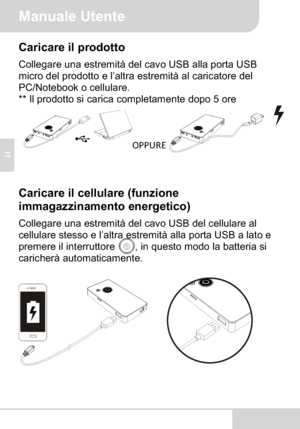 Page 34Manuale Utente
IT
Caricare il prodotto
Collegare una estremità del cavo USB alla porta USB 
micro del prodotto e l’altra estremità al caricatore del 
PC/Notebook o cellulare.
** Il prodotto si carica completamente dopo 5 ore
OPPURE
Caricare il cellulare (funzione 
immagazzinamento energetico)
Collegare una estremità del cavo USB del cellulare al 
cellulare stesso e l’altra estremità alla porta USB a lato e 
premere il interruttore  , in questo modo la batteria si 
caricherà automaticamente.
2
Downloaded...