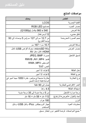 Page 69 Ýóß©
9
AR
 
Ñ»í
  ”ó­»‘ß LCOS
 ­©»ã ¢ó‘Ž»ã LED RGB
 ”×© 960 x 540  Ý³Ûó‘ (Q1080p)
ïò¿ã ÕÓ©— 12 ÝŽÌÓ åãíß
  áŸ£ åã 12.7 ðß‡ á³ 127 á³ ) åã 5 ðß‡ •Ž»í‘ 50
ñ­Á× ”»í‘ (
 ”ÓŽ³ã 10.7 á³ ~ 167 á³
 ­©»ã ”×ŽÁ‘ microSD  Ù­£ã ì USB Ý‘ŽÛ ì
HDMI ì Ý§© Ý‘ŽÛ AV
 Õó³ç— “­í»  : JPEG, BMP
íó©óÓ  : 4 MP  , AV I  , RMVB
  : WMA ,MP3
  : TXT
 Ý§© 5 •ßíÓ / 1 ­ó‘ãƒ
  5 •ßíÓ / 1...