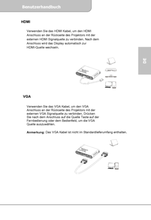Page 23Benutzerhandbuch  
             Seite 9
DE 
HDMI  
 
Verwenden Sie das HDMI Kabel, um den HDMI 
Anschluss an der Rückseite des Projektors mit der 
externen HDMI Signalquelle zu verbinden. Nach dem 
Anschluss wird das Display automatisch zur 
HDMI-Quelle wechseln. 
 
 
 
 
 
 
 
 
 
 
 
VGA  
 
Verwenden Sie das VGA Kabel, um den VGA 
Anschluss an der Rückseite des Projektors mit der 
externen VGA Signalquelle zu verbinden. Drücken 
Sie nach dem Anschluss auf die Quelle Taste auf der 
Fernbedienung oder...