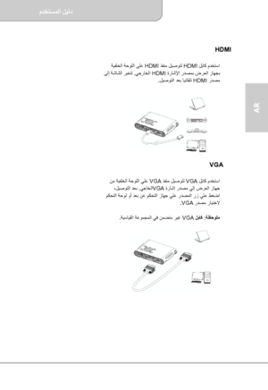 Page 65ﻞﻴﻟد مﺪﺨﺘﺴﻤﻟا   
             ﺔﺤﻔﺻ   9
AR 
 
HDMI   
 
 ﻞﺑﺎآ مﺪﺨﺘﺳا HDMI  ﺬﻔﻨﻣ ﻞﻴﺻﻮﺘﻟ  HDMI  ﺔﻴﻔﻠﺨﻟا ﺔﺣﻮﻠﻟا ﻰﻠﻋ 
 ةرﺎﺷﻹا رﺪﺼﻤﺑ ضﺮﻌﻟا زﺎﻬﺠﺑ HDMI ﻲﺟرﺎﺨﻟا  .  ﻰﻟإ ﺔﺷﺎﺸﻟا ﺮﻴﻐﺘﺗ 
 رﺪﺼﻣ HDMI ﻞﻴﺻﻮﺘﻟا ﺪﻌﺑ ﺎ 
ﻴﺋﺎﻘﻠﺗ  .  
 
 
 
 
 
 
 
 
 
 
 
 
VGA   
 
 ﻞﺑﺎآ مﺪﺨﺘﺳا VGA  ﺬﻔﻨﻣ ﻞﻴﺻﻮﺘﻟ  VGA  ﻦﻣ ﺔﻴﻔﻠﺨﻟا ﺔﺣﻮﻠﻟا ﻲﻠﻋ 
 ةرﺎﺷإ رﺪﺼﻣ ﻲﻟإ ضﺮﻌﻟا زﺎﻬﺟ VGA ﻲﺟﺎﺨﻟا  .  ،ﻞﻴﺻﻮﺘﻟا ﺪﻌﺑ
 ﻢﻜﺤﺘﻟا ﺔﺣﻮﻟ وأ ﺪﻌﺑ ﻦﻋ ﻢﻜﺤﺘﻟا زﺎﻬﺟ ﻲﻠﻋ رﺪﺼﻤﻟا رز ﻲﻠﻋ ﻂﻐﺿا
 رﺪﺼﻣ رﺎﻴﺘﺧﻻ VGA  .  
 
ﺔﻈﺣﻮﻠﻣ  :  ﻞﺑﺎآ VGA ﺔﻴﺳﺎﻴﻘﻟا ﺔﻋﻮﻤﺠﻤﻟا ﻲﻓ ﻦﻤﻀﺘﻣ ﺮﻴﻏ   ....