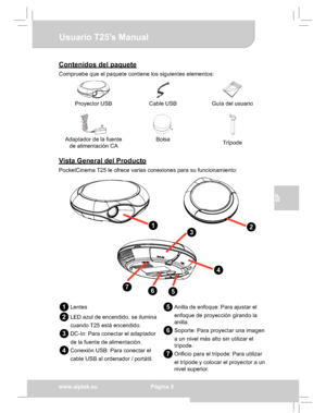 Page 45Downloaded from www.Manualslib.com manuals search engine Downloaded From projector-manual.com Aiptek Manualswww.aiptek.eu  Página 5
EN
DE
FR
IT
SP
Usuario T25s Manual
Contenidos del paquete
Compruebe que el paquete contiene los siguientes elementos:
Proyector USB Cable USB Guía del usuario
Adaptador de la fuente 
de alimentación CA Bolsa
Trípode
Vista General del Producto
PocketCinema T25 le ofrece varias conexiones para su funcionamiento:
12
3
4
567
1 Lentes
2 LED azul de encendido, se ilumina 
cuando...