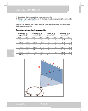 Page 48Downloaded from www.Manualslib.com manuals search engine Downloaded From projector-manual.com Aiptek Manualswww.aiptek.eu  Página 8
EN
DE
FR
IT
SP
Usuario T25s Manual
2.  Seleccione “Modo Compatible” para su proyección. 
3.  Utilice el reproductor multimedia de licencia gratuita para su reproducción desde  
http://kmplayer.en.softonic.com
Para ahorrar energía, desconecte el cable USB de su ordenador / portátil cuando  
ﬁnalice su presentación.
Tamaño y distancia de proyección
Distancia de 
proyección (A)...