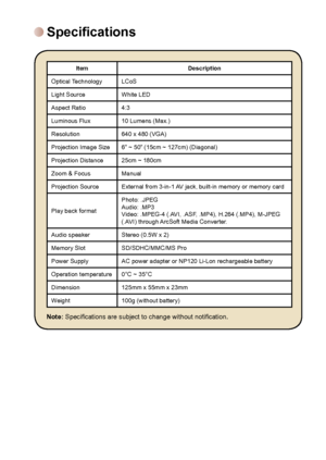 Page 17
11

Specifications
ItemDescription
Optical TechnologyLCoS
Light SourceWhite LED
Aspect Ratio4:3
Luminous Flux10 Lumens (Max.)
Resolution640 x 480 (VGA)
Projection Image Size6” ~ 50” (15cm ~ 127cm) (Diagonal)
Projection Distance25cm ~ 180cm
Zoom & FocusManual
Projection SourceExternal from 3-in-1 AV jack, built-in memory or memory card
Play back formatPhoto: .JPEGAudio: .MP3 Video: .MPEG-4 (.AVI, .ASF, .MP4), H.264 (.MP4), M-JPEG (.AVI) through ArcSoft Media Converter. 
Audio speakerStereo...